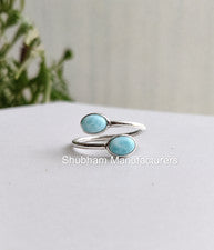 Anillo Larimar Natural Doble Piedra Preciosa 925 Plata de Ley Bypass Anillo Hecho a Mano