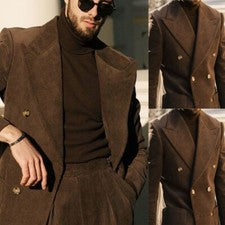 Trajes de pana marrón para hombre solapa pico ancho moda 2 piezas esmoquin boda novio