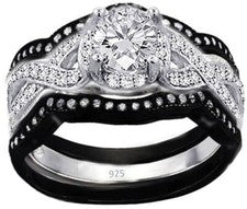 Anillo de boda real de plata de ley 925 de 3 piezas de circonitas cúbicas en blanco y negro