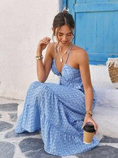 Maxivestido bohemio cuello en V para mujer en azul