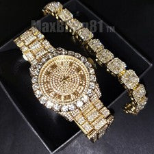 RELOJ HIP HOP METAL CHAPADO EN ORO PIEDRA GRANDE RAPERO Y PULSERA DE DIAMANTES DE LABORATORIO HELADO