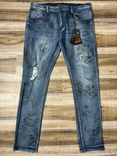 Pantalones de mezclilla Demolition para hombre 36x33 calce ajustado elástico estampado floral desgastado