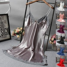 Moda Mujer Ropa de dormir Mujer Cambiador Vestido Satén Suave Encaje Sin Mangas