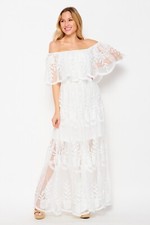 Maxivestido de encaje con hombros descubiertos para mujer de moda superpuesto
