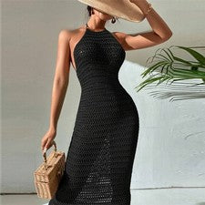 Vestido de punto de poliéster para mujer con cuello halter atado trasero estilo longitud regular