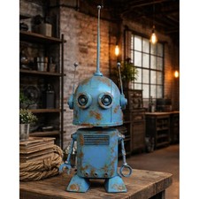 Adorno Robot Industrial Grande Metal Envejecido Azul Rústico Decoración del Hogar 67cm