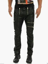 Pantalón de cuero negro para hombre estilo motociclista calce ajustado cuero genuino