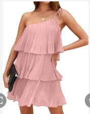 Vestido corto para mujer con correa de corbata de un hombro ligero en capas rosa nuevo con etiquetas talla XL