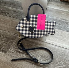 NUEVO CON ETIQUETAS BETSEY JOHNSON ADORABLE BOLSO DE MANO A CUADROS PEZ BANDOLERA AZUL MARINO Y BLANCO