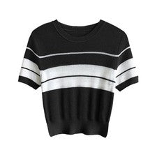 Manga corta moda cuello redondo encaje para mujer versátil rayas simples