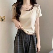 Camiseta Top Para Mujer Manga Corta Delgada Nicho Pure Desire Falsa Dos Estilo Corto