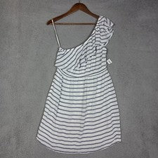 Vestido Old Navy Para Mujer Mediano Blanco Azul Rayas Un Hombro Volantes Playa Nuevo con Etiquetas
