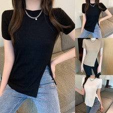 Mujeres para ocio verano sólido manga corta Slim camisetas Allmatch moda tops