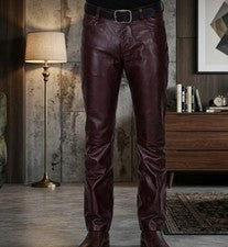 Pantalones de mezclilla para hombre de cuero genuino borgoña calce ajustado estilo 501 hechos a mano