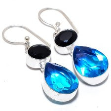 Topacio azul, piedra preciosa de ónix hecho a mano 925 pendiente de joyería d...