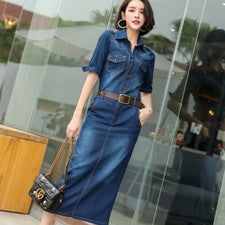 Moda Mujeres Vestido Sexy Vestido Ajustado Denim Cinturón Largo Bodycon Manga Corta