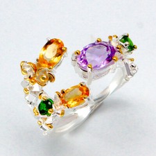 Joyería hecha a mano anillo de plata citrino amatista natural 925 esterlina / RVS100