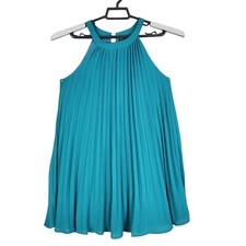 Vestido plisado sin mangas verde azulado para mujer cuello redondo talla mediana