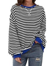 Nueva Camiseta Primavera Mujer Moda Simple Rayas Cuello Redondo Contraste Manga Larga