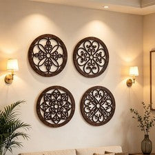 Juego de arte de pared floral bohemio de 4 piezas decoración de madera para sala de estar rústica moderna