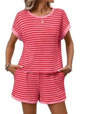 Conjuntos de camisetas y pantalones cortos de manga corta a rayas de verano de 2 piezas para mujer9560