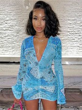 Sexy Vestido Estampado Para Mujer Cuello en V Manga Larga Moda Ropa Informal Fiesta