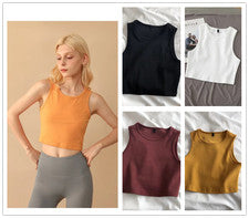 Top corto sin mangas para mujer Chaleco elástico cuello redondo Camiseta Blusa Camiseta