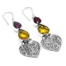 Citrino, granate piedras preciosas hecho a mano 925 pendiente de joyería de...