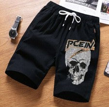 Pantalones Cortos Casuales De Verano Cráneo Para Hombres Moda Rectos De Algodón