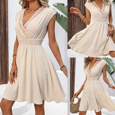 Vestido recortado de encaje albaricoque con cuello en V cintura elástica para mujer