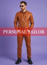 Pantalones de mezclilla de cuero tostado 100 % piel de cordero para hombre estilo bolsillos en el pecho