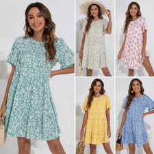 Vestido Para Mujer Verano Nuevo Moda Cuello Redondo Floral Manga Loto Vestido Suelto