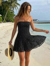 Minivestido mujer negro lunares punto V escote