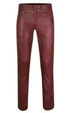 Pantalones de mezclilla de motociclista para hombre de cuero real borgoña o vaca elegantes y sexy estilo 501 nuevos.
