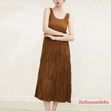 Vestido sin mangas para mujer plisado medio largo vestido verano cuello redondo moda talla