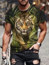 Camisetas Hombres Moda Cabeza Tigre Informal Verde Manga Corta Novedad Camiseta