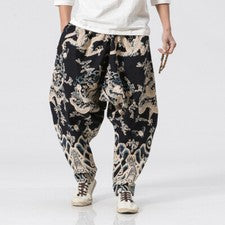 Pantalones sueltos retro de pierna ancha estilo chino con patrón de dragón para hombre