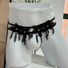 Sexy Tanga Para Hombre Negro Encaje Antideslizante Cintura Baja Correa Delgada Estilo Perla Pantalones en T