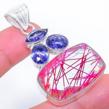 Cuarzo rutilo rosa, piedras preciosas de tanzanita 925 colgante de joyería de...