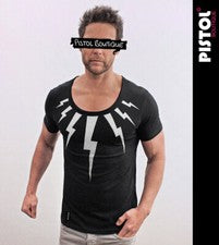 Camiseta Pistol Boutique Para Hombre Negra Cuello Redondo Pecho Lightning Bolts