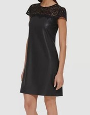 Vestido vaina de cuero vegano negro Kensie para mujer cuello de encaje cremallera trasera talla 6 nuevo con etiquetas