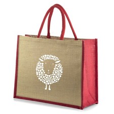Bolso Shopper Grande Yute Arpillera Rojo Borde - Diseño Motivo Oveja Blanca