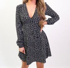 Vestido patinador floral negro Luxe Volition para mujer cuello en V manga larga estilo verano