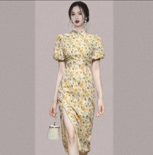 Vestido Cheongsam de moda floral con cuello Qipa mangas abullonadas paquete de cadera