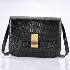 Bolso de hombro para mujer de cuero de cocodrilo genuino negro