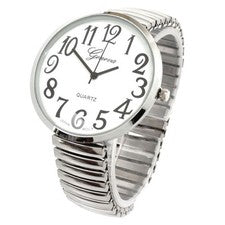 Reloj Geneva con correa elástica cara redonda tamaño súper grande plateado