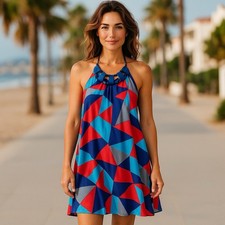 Vestido halter multicolor para mujer - azul claro y oscuro, rojo - collar de madera