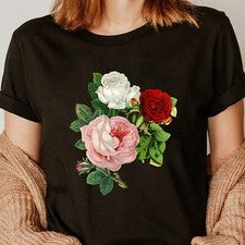 Camiseta para mujer con patrón floral brillante, top informal de moda con cuello redondo