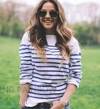Camiseta informal de algodón de manga larga con cuello de barco a rayas para mujer