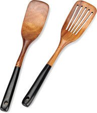 Juego de 2 espátulas de madera para cocinar utensilios de cocina de teca no tóxicos sartén ranurada